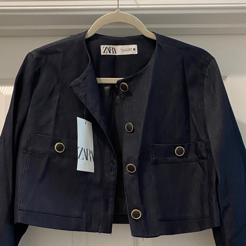 Zara Jean / Navy Cropped Blazer with Gold Accents